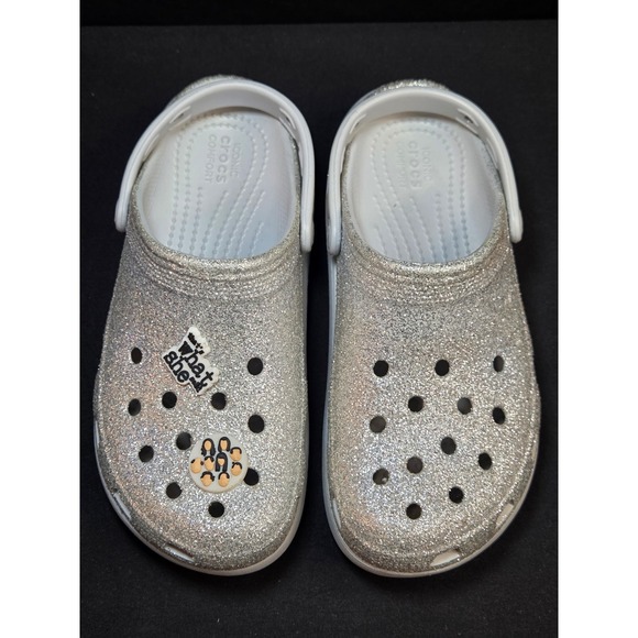 CROCS Other - Crocs Classic Glitter Platform Clogs Silver Kids J5 Jibbitz Charms 207834